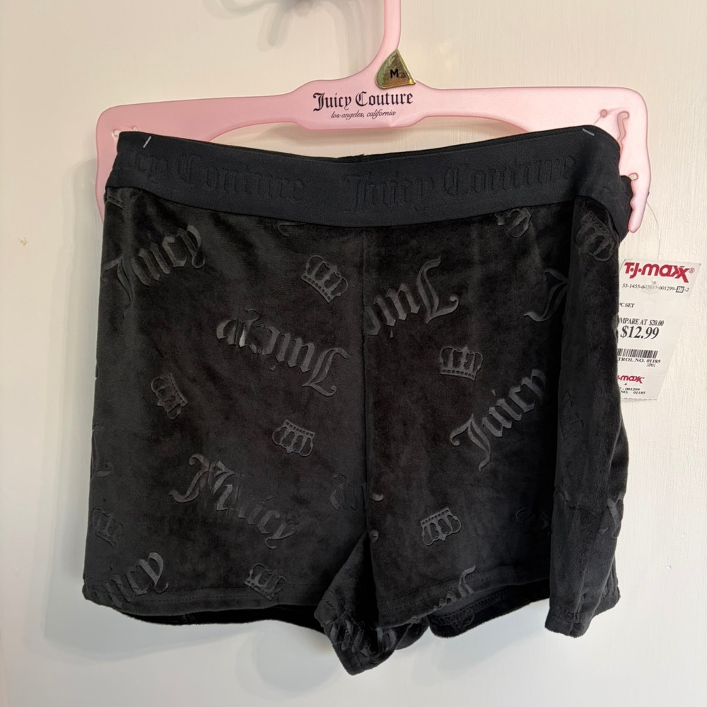 Juicy Couture Black Velour Sleep Shorts Embossed Logo Crown Women's M NWT